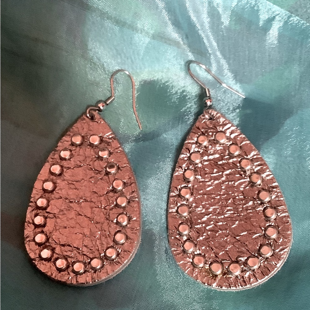 Silver Leather Teardrop French Wire Earrings with Beads